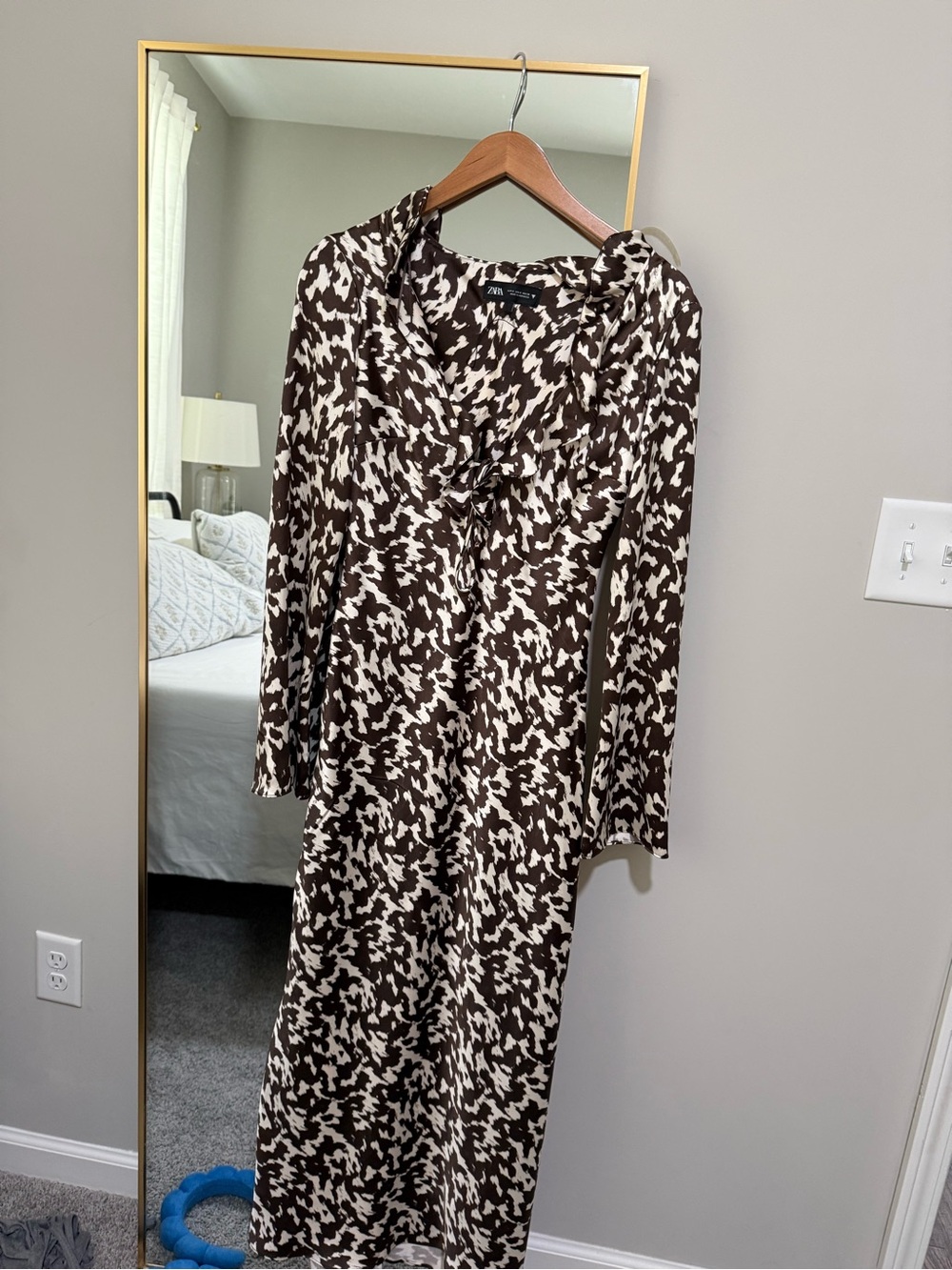 Zara Brown & Cream Abstract Print Long Sleeve Dress
